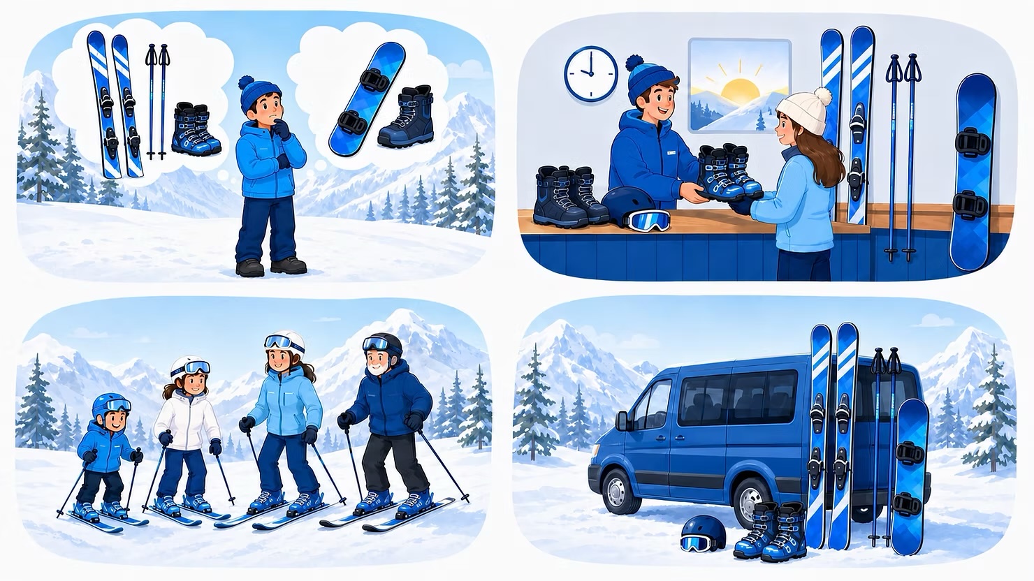 第一次滑雪的準備流程：挑選雙板或單板、試穿租借雪具、上課，以及雪場接送安排