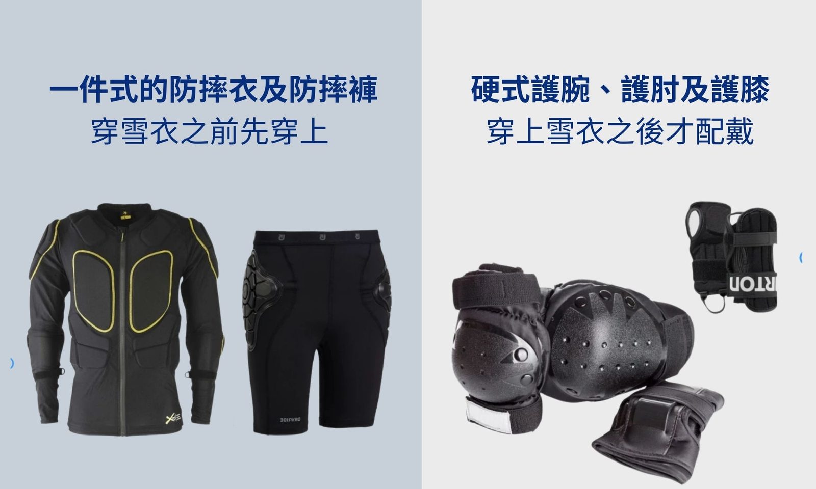 滑雪新手常犯的五個裝備錯誤|護具可以簡單劃分為兩種,第一是一件式的防摔衣及防摔褲,這些材質通常不具防水外層,且設計上大多屬於貼身設計,這種防摔衣及防摔褲是穿著在貼身衣物