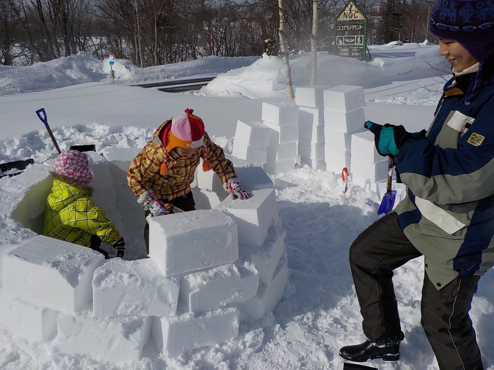 在二世古除了滑雪以外…｜NOC的雪屋製作提供比羅夫地區的接送服務，準備好手套及保暖衣物到了場地之後，工作人員會教學如何將將雪做成磚塊的形狀，一層一層疊上去之後再修一