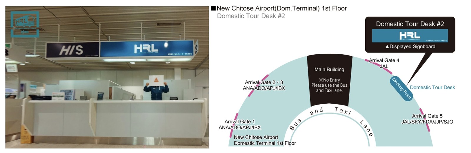 Resort Liner 在新千歲機場國內線航廈一樓 HRL 櫃檯的位置與報到指引