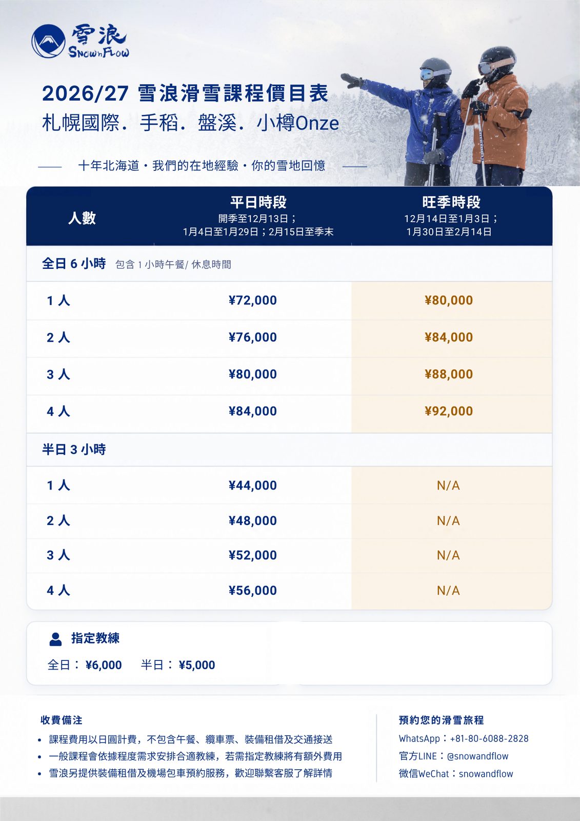 2026/27 雪浪札幌地区滑雪课程价目表:札幌国际、手稻、盘溪、小樽 ONZE 私人课程收费